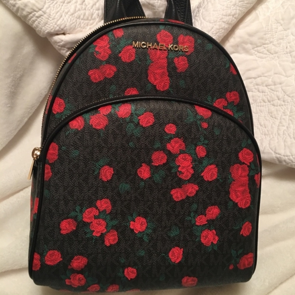 Michael Kors Black & Red Floral Backpack with Matching Wristlet Preloved